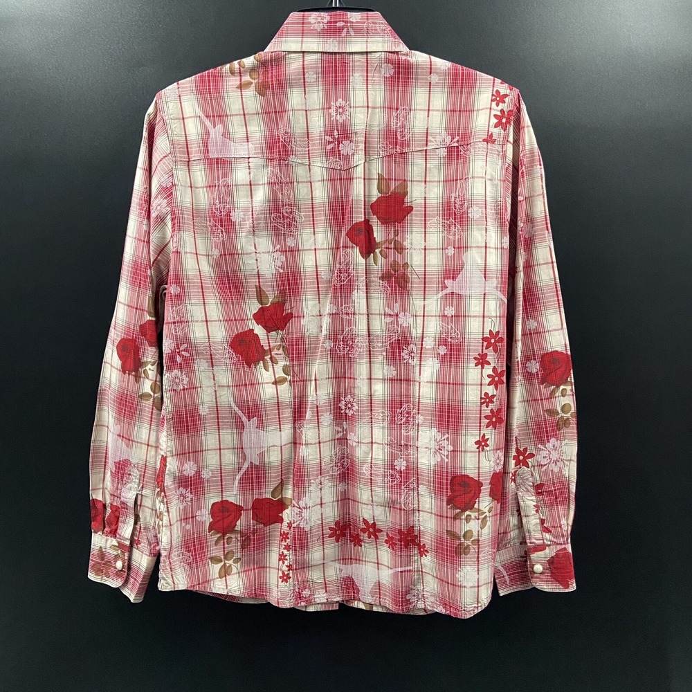 Walls Ranch Wear Western Shirt Womens Sz Medium Long Sleeve Red Roses Pearl Snap - Picture 2 of 7